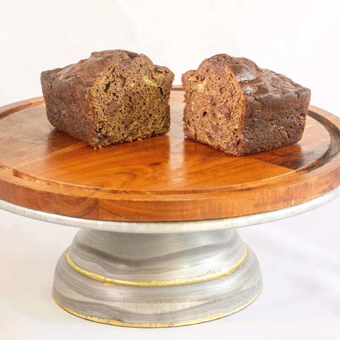 Sliced mini loaf on stand Cocoa Cayenne Banana Bread